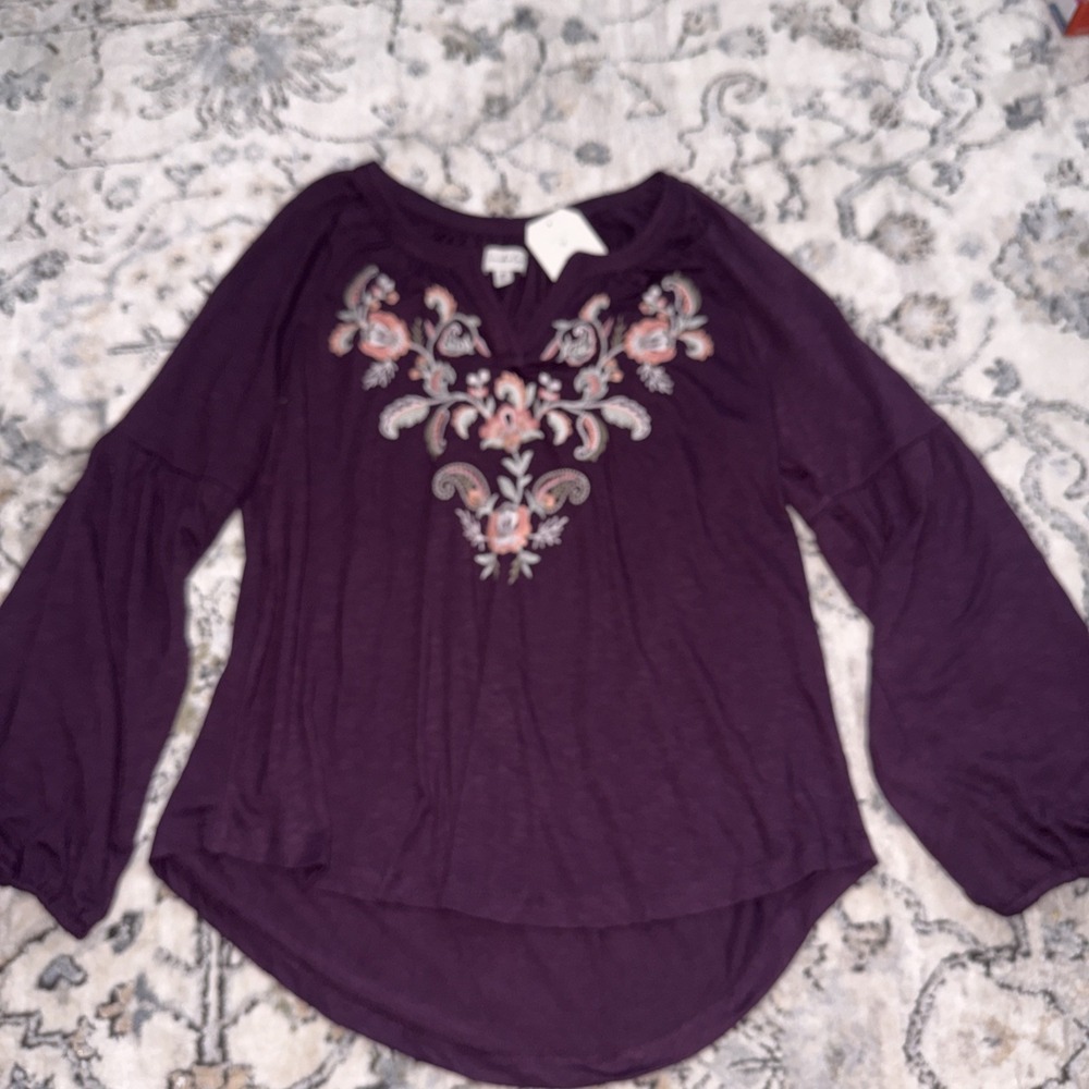 NWT Wonderly M Women's LS Purple Rayon/Poly Blend Boho Peasant Shirt Embroidered